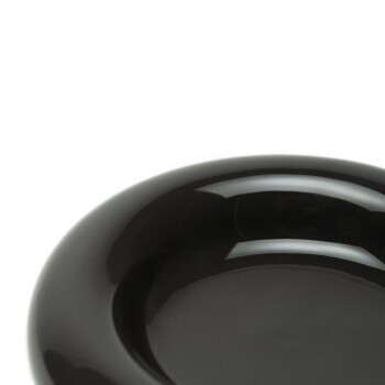 Eine glänzende schwarze Haustierfutterschüssel mit einer glatten, abgerundeten Kante, vor einem weißen Hintergrund.