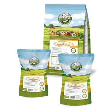 Bellfor Haustierfutterverpackung: große "WIESEN-SCHMAUS"-Tüte (71,9% Fleisch) und zwei kleinere "FLEISCHSTREIFEN"-Tüten, vor einer grünen Landschaft.