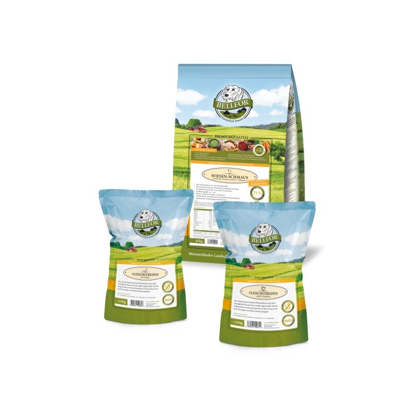 Bellfor Sparset Nr. 3 - Wiesen-Schmaus 10kg + Fleischstreifen Truthahn 100g + Fleischstreifen Ente 100g