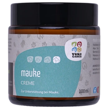 Braunes Glas Yuki Cares Mauke-Creme, 100ml, beschriftet zur Unterstützung bei Mauke, mit Inhaltsstoffen wie Aloe Vera und Borretin.