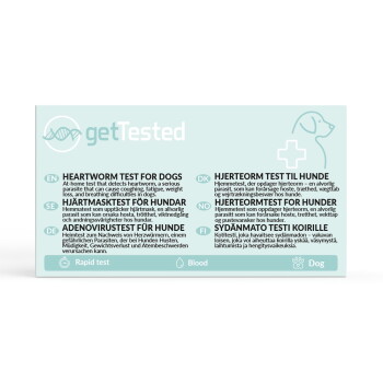 Etikett des getTested Herzwurmtests für Hunde - mehrsprachiger Text, Markenlogo, Hundesilhouette, medizinisches Kreuz sowie Schnelltest- und Blut-Symbole
