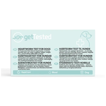 Etikett des getTested Herzwurmtests für Hunde - mehrsprachiger Text, Markenlogo, Hundesilhouette, medizinisches Kreuz sowie Schnelltest- und Blut-Symbole