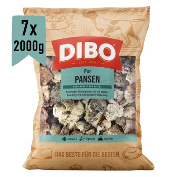 DIBO Pansen Hundefutterverpackung, 2000 g, beschriftet mit "Ausgewogenes Naturfutter für Hunde" und "Gesunder natürlicher Snack."