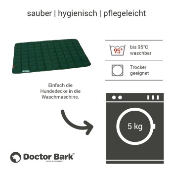 Eine schwarze, gesteppten Hundedecke, die als hygienisch, bis 95°C waschbar, trocknergeeignet und mit der Marke "Doctor Bark" gekennzeichnet ist.