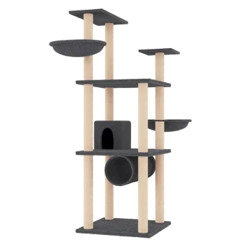 Katzenbaum mit mehreren Ebenen, Kratzsäulen und gemütlichen Verstecken in einem modernen Design mit grauen und natürlichen Holzfarben.
