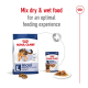 Royal Canin dog food packaging shows a large "maxi" dry food bag for adult dogs (26-44 kg) and a 140g wet food can, suggesting mixing.