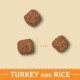 Three brown pet food kibble pieces on a light background, labeled "TURKEY AND RICE," with a measurement of 11 mm.