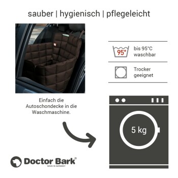 Ein brauner Autositzbezug für Haustiere wird in einem Fahrzeug gezeigt, mit Text, der seine waschbare Eigenschaft bis 95°C und Trocknereignung hervorhebt.