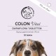Colon Vital Darmflora Tabletten für Hunde, mit einer Nahaufnahme des Gesichts eines Hundes, mit dem Hinweis auf 120 Tabletten und "Mit viel Liebe!"