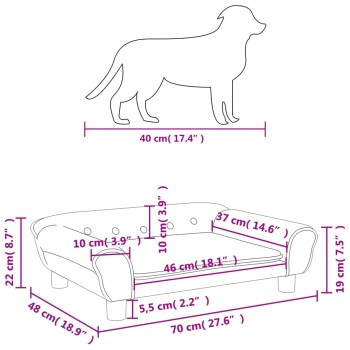 Illustration einer Hundesilhouette mit Abmessungen (40 cm) und einem Hundebett mit Maßen: 70 cm (Länge), 48 cm (Breite), 22 cm (Höhe).