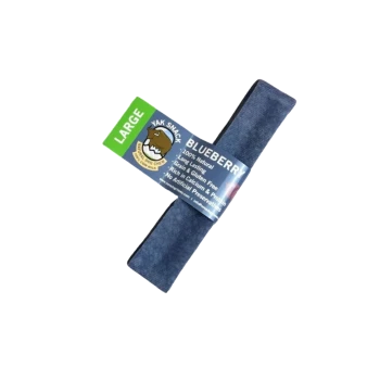 Large blueberry yak snack dog chew stick with blue wrapper and label reading "LARGE" and "BLUEBERRY"