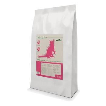 Weiße Tüte Katzenfutter mit der Aufschrift "monianus cat" und einer rosa Silhouette einer Katze, die "Vollnahrung - für ausgewachsene Katzen" angibt und 10 kg wiegt.
