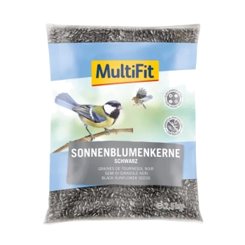 A bag of MultiFit black sunflower seeds with a blue background, a great tit on a branch, and text: "SONNENBLUMENKERNE SCHWARZ."