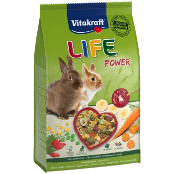 Sac de nourriture pour lapins Vitakraft LIFE POWER avec deux lapins, ingrédients en forme de cœur, et étiquettes pour naturel, sans sucre, et soutien immunitaire.