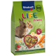 Vitakraft LIFE POWER Kaninchenfutterbeutel mit zwei Kaninchen, herzförmigen Zutaten und Etiketten für natürlich, ohne Zucker und Immununterstützung.