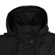 Schwarze Haustierjacke mit hohem Kragen und Kapuze, mit Knopfverschlüssen und verstellbaren Kordeln.