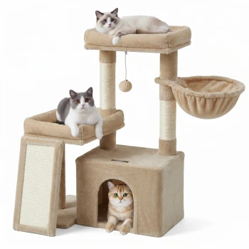 Beiger Kratzbaum mit hängendem Ball und Hängematte, drei Katzen: Ragdoll oben, grau-weiß auf dem mittleren Regal, orangefarbener Tabby in der Höhle