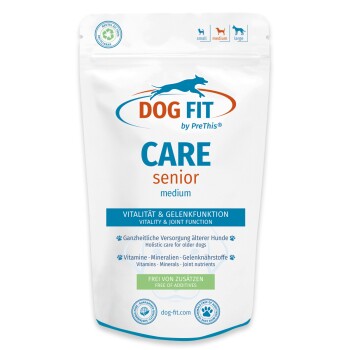 Weißer Beutel: DOG FIT Care Senior mittleres Hundefutter — „Vitalität & Gelenkfunktion“, „Ohne Zusatzstoffe“, Hundelogo