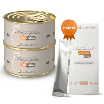 Zwei gestapelte Lucky-Kitty Katzenfutterdosen mit der Aufschrift '100% Maus' und eine Lucky-Kitty Creamy-Meat (Ente) Snackbox mit 'GRATIS'-Abzeichen.