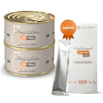 Zwei gestapelte Lucky-Kitty Katzenfutterdosen mit der Aufschrift '100% Maus' und eine Lucky-Kitty Creamy-Meat (Ente) Snackbox mit 'GRATIS'-Abzeichen.