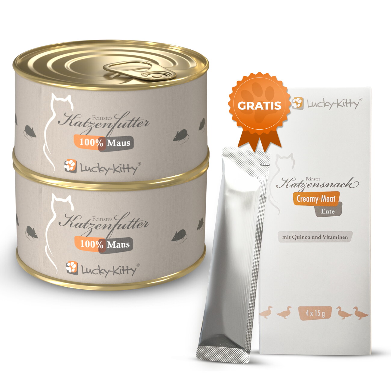 Lucky-Kitty Katzenfutter Maus Pur Probierset (2x100g) + Filet-Creme