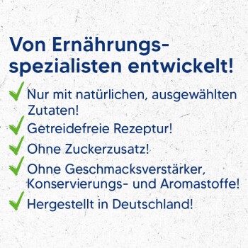 Text, der Haustierfutter bewirbt, das von Ernährungsspezialisten entwickelt wurde, mit dem Fokus auf natürlichen Zutaten, getreidefreier Rezeptur, ohne Zuckerzusatz und hergestellt in Deutschland.