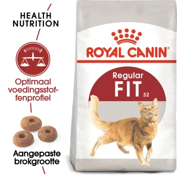 Fit 32 400 g Royal Canin Regular Fit kattenvoer zak met een illustratie van een rennende kat, met tekst die 'Health Nutrition' en 'Aangepaste brok grootte' benadrukt.