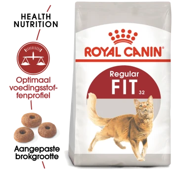 Royal Canin Regular Fit kattenvoer zak met een illustratie van een rennende kat, met tekst die 'Health Nutrition' en 'Aangepaste brok grootte' benadrukt.