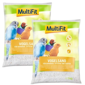 Zwei Säcke MultiFit Vogelsand für Kanarienvögel, Wellensittiche und exotische Vögel, mit bunten Vögeln auf der Verpackung und dem Text 'VOGELSAND.'
