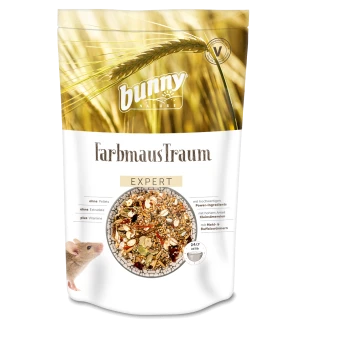 Ein Beutel von bunny nature FarbmausTraum Expert Haustierfutter, das eine Mischung aus Samen und Getreide zeigt, mit einem Mäusebild an der Seite.