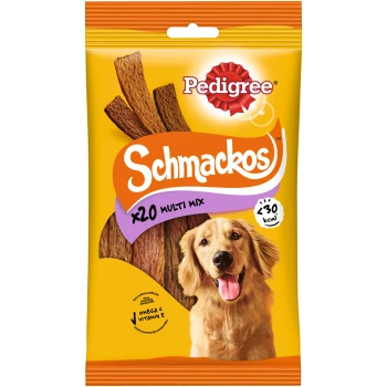 Pedigree Schmackos Hundeleckerlis, Multi-Mix-Pack mit 20 Stück, unter 30 kcal pro Stück, mit Omega 6 und Vitamin E Vorteilen.