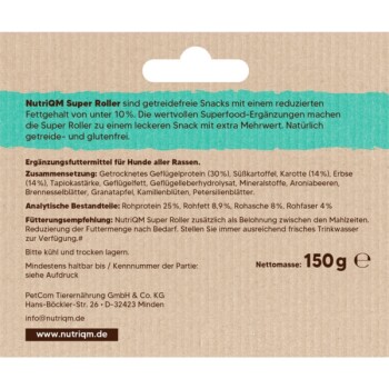 NutriQM Super Roller Hundesnacks, getreidefrei, fettarm unter 10 %, 150 g, Zutaten und Fütterungshinweise auf Deutsch.