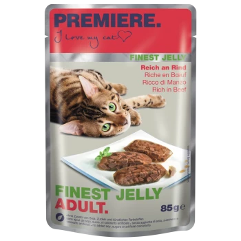 PREMIERE Katzenfutterbeutel mit getigertem Kater, Slogan 'I love my cat', Finest Jelly Adult — reich an Rind, 85 g, Teller mit Geleestücken.