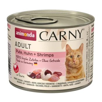 Eine Dose Animonda Carny Adult Katzenfutter mit einer roten Katze auf dem Etikett, die "Truthahn, Huhn + Garnelen" und "100% frisch, getreidefrei" angibt.