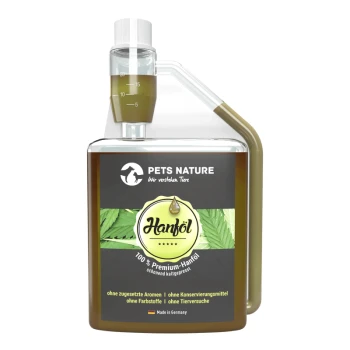 Flasche Pets Nature Hanföl mit einem grünen und schwarzen Etikett, das "100% Premium-Hanföl" und "schonend kaltgepresst" hervorhebt.