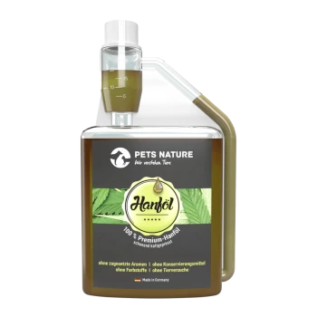 Flasche Pets Nature Hanföl mit einem grünen und schwarzen Etikett, das "100% Premium-Hanföl" und "schonend kaltgepresst" hervorhebt.