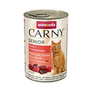 Carny Nassfutter Katze Senior 6x400 g Rind und Putenherzen Dosenfutter "Animonda Carny Senior" für Katzen mit Rind- und Truthahnherzen, mit einer orangefarbenen Katze und deutschem Text auf dem Etikett.