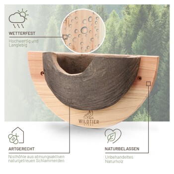 Pappkarton mit der Aufschrift "NIST HILFE FÜR MEHLSCHWALBEN" mit einem Foto einer Schwalbe und Symbolen für natürlich, artgerecht und wetterfest.