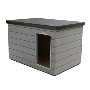 Graue hölzerne Hundehütte mit dunklem Dach, metallumrandetem Eingang und kleinem 'Sauerland'-Schild darüber.