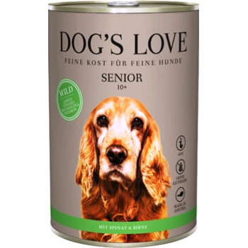 Senior 6x800g Wild und Spinat 6x400 g Hundeliebe Senior Hundefutterdose, mit dem Gesicht eines Golden Retrievers, beschriftet mit "SENIOR 10+" und dem Text "MIT SPINAT & BIRNE."