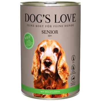Hundeliebe Senior Hundefutterdose, mit dem Gesicht eines Golden Retrievers, beschriftet mit "SENIOR 10+" und dem Text "MIT SPINAT & BIRNE."