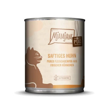 Eine Dose Mjamjam Katzenfutter mit einer Katzensilhouette, beschriftet mit "Saftiges Huhn" und "Getreidefrei."