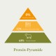 Infografik einer Proteinpyramide: 0% Getreide, 32% Obst/Gemüse, 68% tierisches Protein, betitelt "Protein-Pyramide."