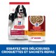 Produits alimentaires pour chiens de Hill's Science Plan, avec un chien noir et blanc souriant, avec un emballage pour "Adult 1-6" et "Healthy Cuisine."