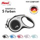 Flexi-Hundeleine in Schwarz und Weiß mit einem bequemen Griff, beschriftet mit "NEW COMFORT," erhältlich in 5 Farben.