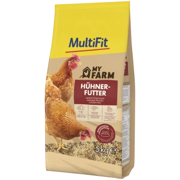 Sac jaune MultiFit « My Farm » de 5 kg d'aliment pour poulets (Hühnerfutter) montrant des poules et des grains mélangés.