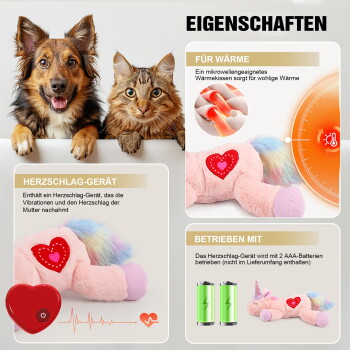 Hund und Katze über rosa Plüsch-Einhorn mit Herzaufnäher; deutscher Text 'EIGENSCHAFTEN' und 'HERZSCHLAG-GERÄT', Batterie-Icons.