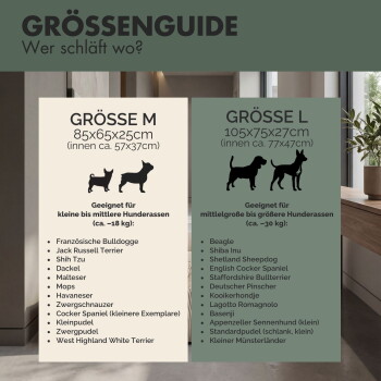 Grünes Haustierbett mit gerippter Textur, erhältlich in zwei Größen: M (80x60 cm) und L (100x70 cm), beschriftet mit "Modelle" und "PAW WOW."