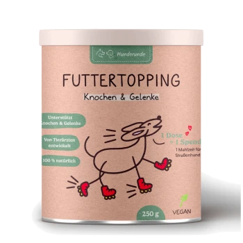 Veganer Hundfutter-Topping-Behälter mit der Aufschrift "Futtertopping Knochen & Gelenke," unterstützt Knochen und Gelenke, 250 g, mit einer verspielten Hundillustration.