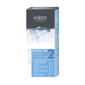 Wasser-Starter-Set für Aquarien, enthält 2 x 100 ml Flaschen, verspricht eine schnelle und sichere Einrichtung für neue Tanks, mit mehrsprachigen Anleitungen.